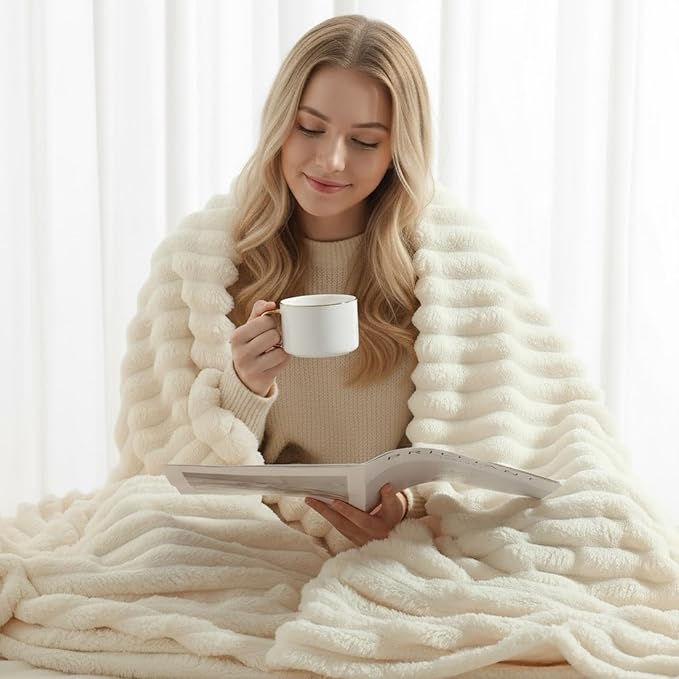 decorUhome Soft Fleece Cream White Blanket Queen Size for Bed, Cozy Fluffy Plush Flannel Large Striped Throws for Couch Sofa, Lightweight Decorative Fuzzy Blanket for Woman, 90x90 Inches