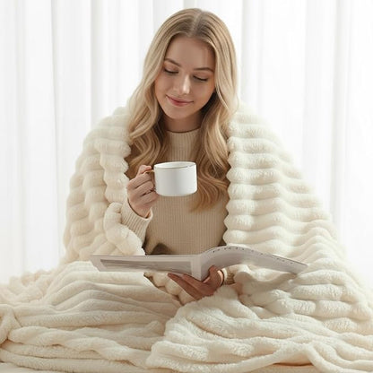 decorUhome Soft Fleece Cream White Blanket Queen Size for Bed, Cozy Fluffy Plush Flannel Large Striped Throws for Couch Sofa, Lightweight Decorative Fuzzy Blanket for Woman, 90x90 Inches