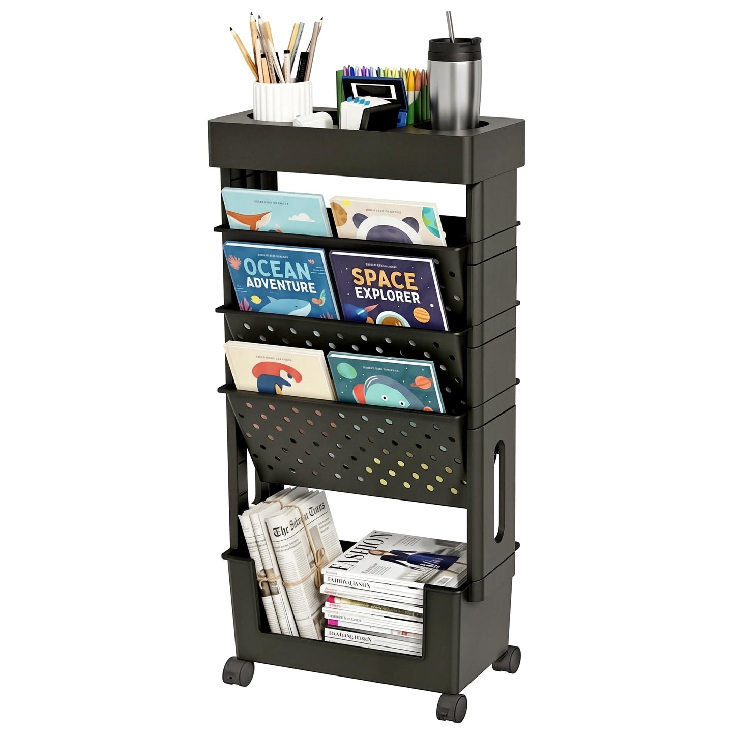 yeavs 5-Tier Mobile Bookshelf, Rolling Bookcase Book Storage Rack, Movable File Folder Organizer Cart with Wheels for Home Study Office Living Room Classroom, Black
