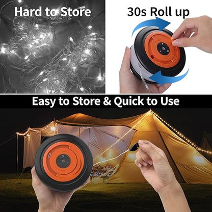 Camping String Lights, 3 in 1 Outdoor Camping Light with 6 Lighting Modes, Quick Storage 32.8FT Rechargeable Tent Lantern, Portable LED Hanging Light for Outdoor Patio Awning Garden Party