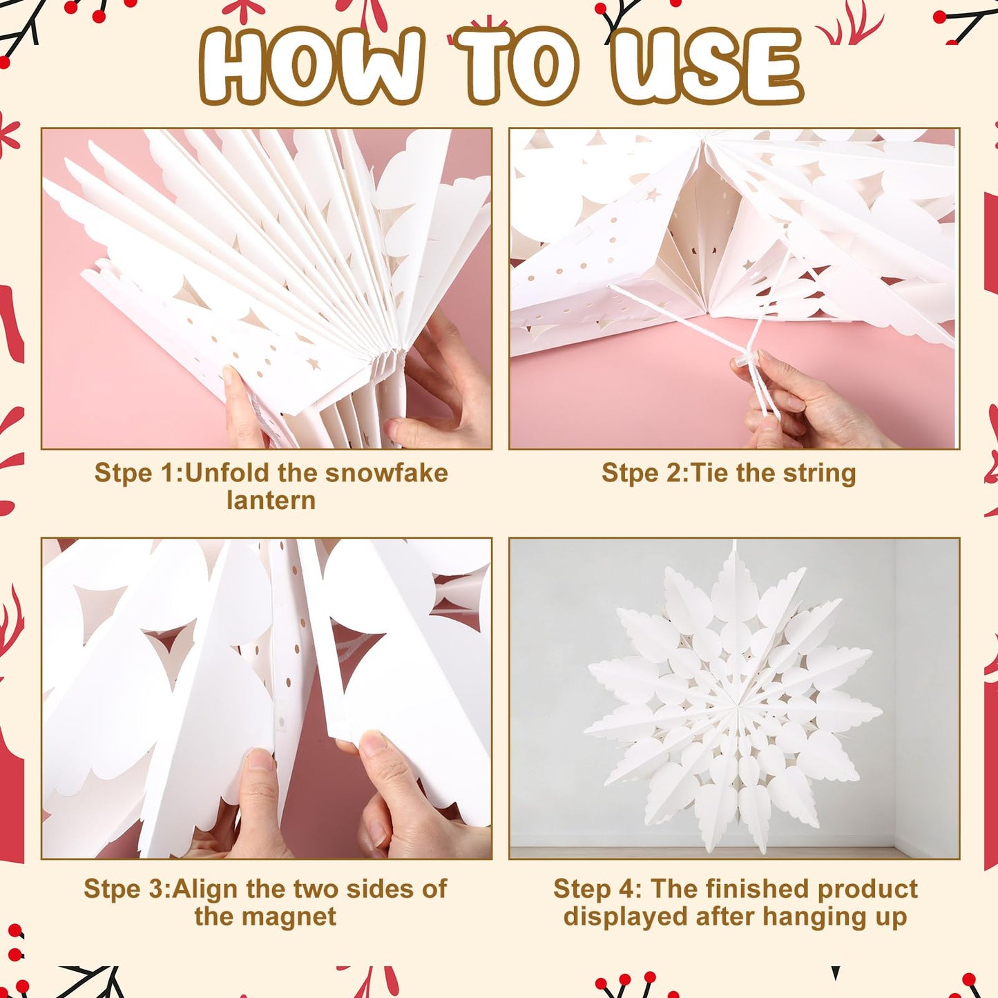 Glooglitter 12 Pcs Paper Star Lantern 3D Christmas Paper Snowflake Lanterns White Hanging Lamp Ornaments for Xmas Tree New Year Holiday Party Decorations(White, Kraft)