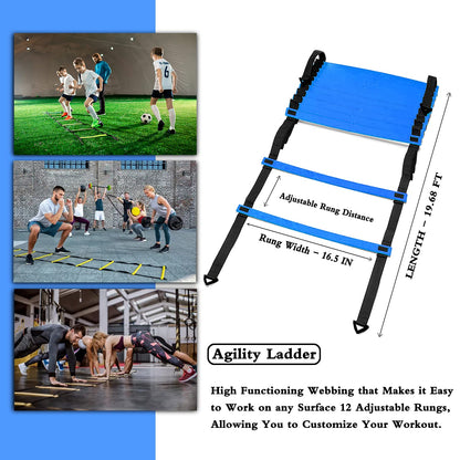 HLYWEI Speed Agility Training Set, Includes 1 Agility Ladder, 4 Steel Stakes, 1 Sports Headband,1 Jump Rope, 10 Disc Cones and Gym Carry Bag - Speed Training Equipment for Soccer Football Basketball
