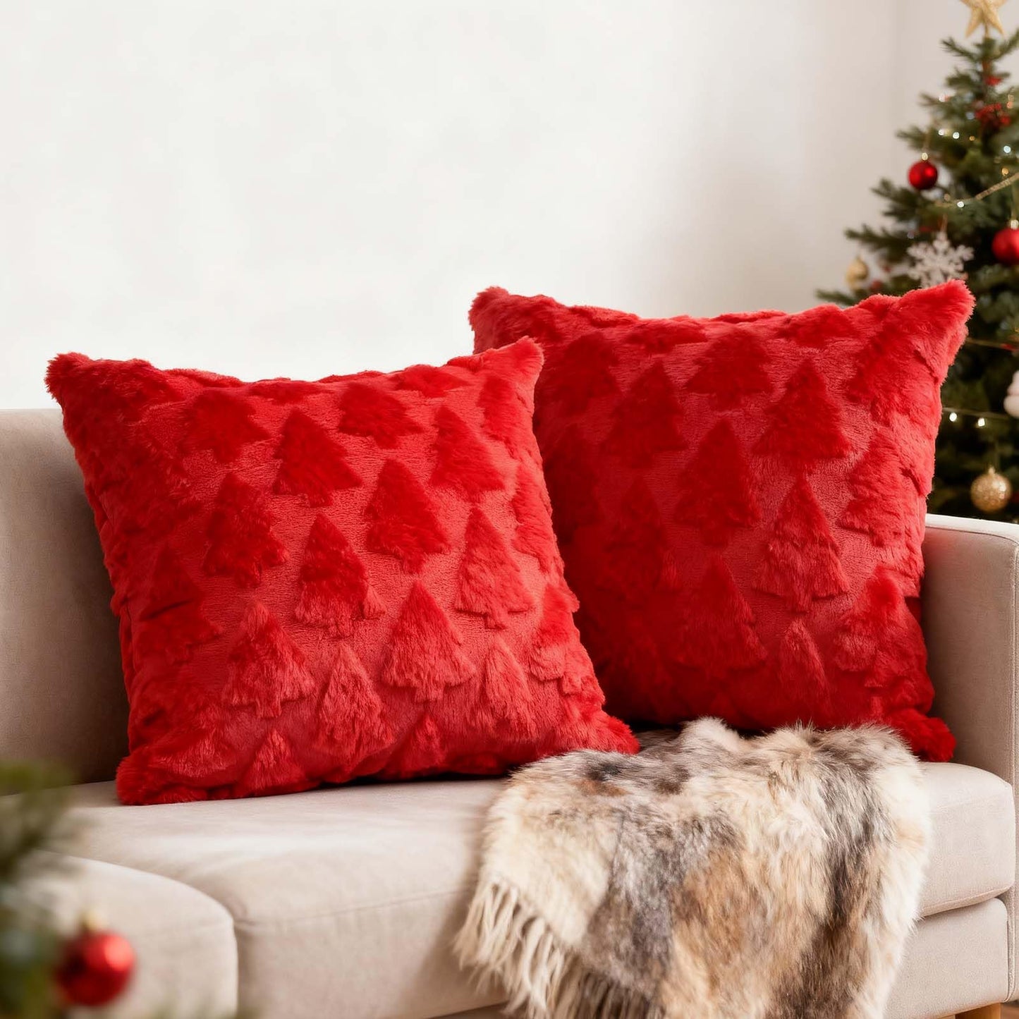 ONFAON Christmas Decorations - Christmas Pillow Covers 18x18 Inch Set of 2 Christmas Tree Decorative Red Soft Plush Faux Fur Throw Pillows Winter Holiday Decor Throw Cushion Case for Home Couch