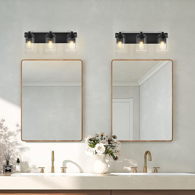 Bathroom Vanity Light, 3-Light Modern Black Vanity Light Fixtures with Clear Glass Shade, 22in Matte Black Bathroom Light Fixtures Over Mirror, Rustic Restroom Lighting Fixtures