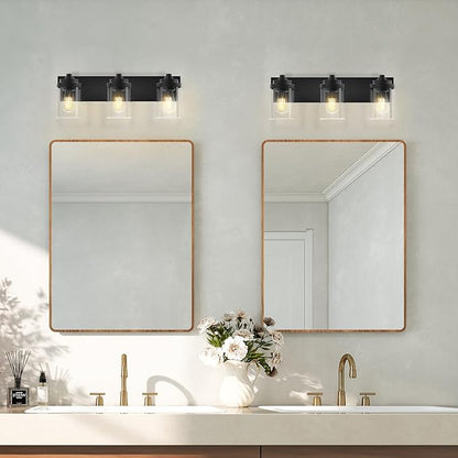Bathroom Vanity Light, 3-Light Modern Black Vanity Light Fixtures with Clear Glass Shade, 22in Matte Black Bathroom Light Fixtures Over Mirror, Rustic Restroom Lighting Fixtures