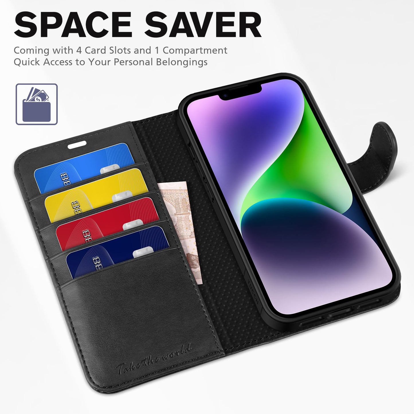TUCCH Wallet Case for iPhone 14 Plus, [RFID Blocking] 4 Card Holder Stand [Shockproof TPU Interior Case] PU Leather Magnetic Protective Flip Cover Compatible with iPhone 14 Plus 6.7" 2022, Black
