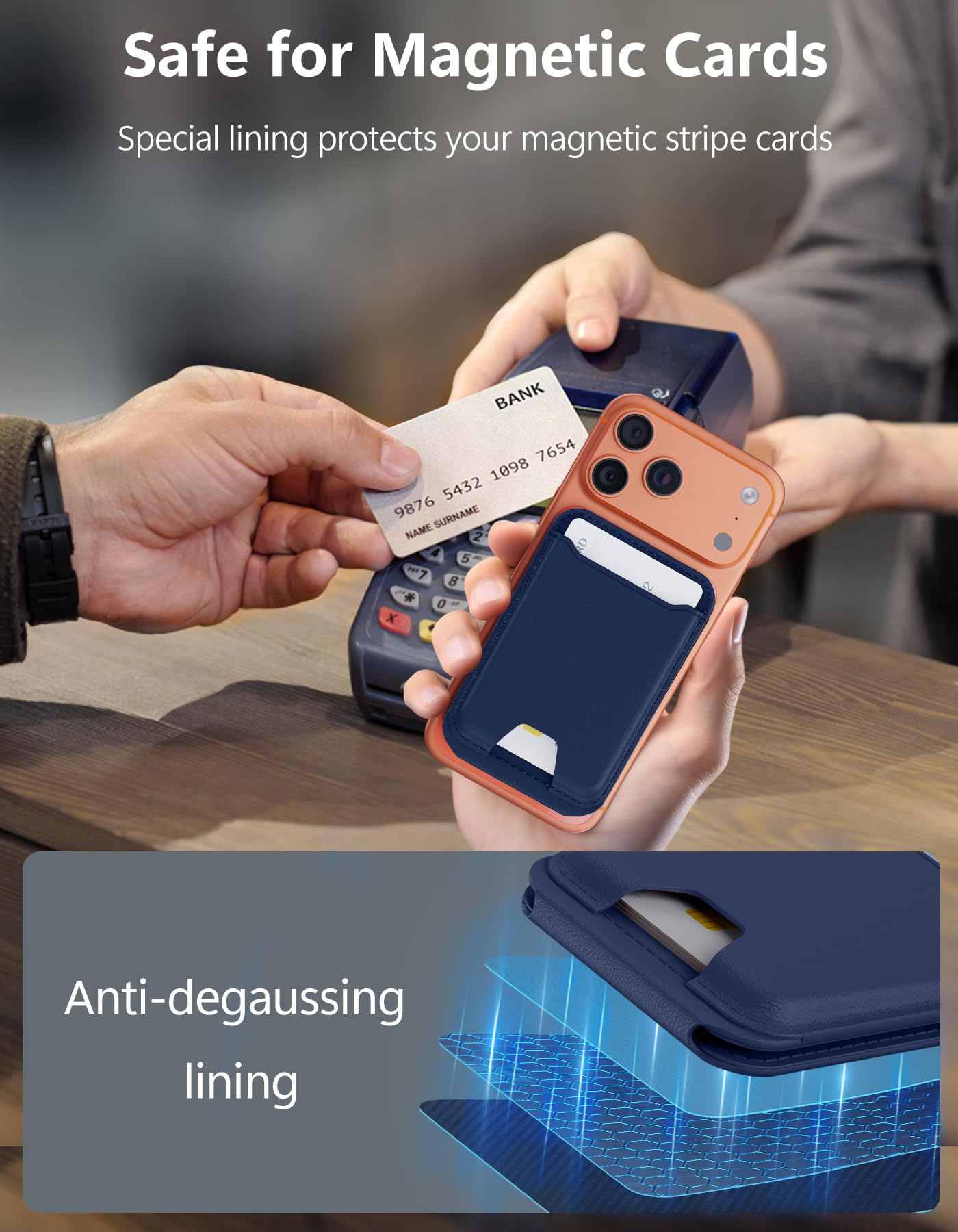 TopMade for MagSafe Wallet with Adjustable Stand, Magnetic Phone Card Holder for iPhone 17/16/15/14/13/12 Series, RFID Blocking Premium Leather, ID Window, Holds 5 Cards, Navy Blue