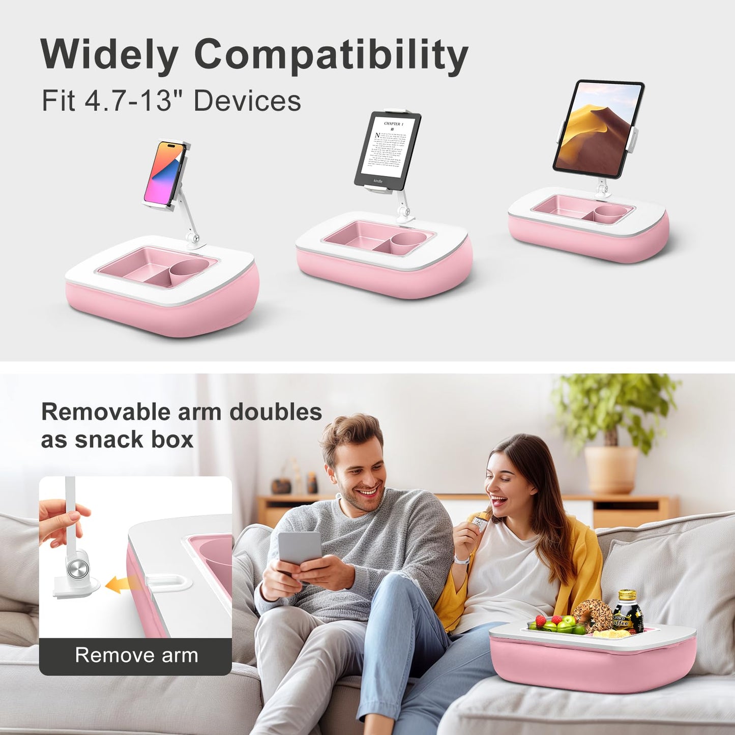ERGONOV Lap Beanbag Tablet Pillow Stand with Snack Bowl and 360° Rotating Arm, Adjustable iPad Holder for Bed, Couch, and Recliner, Compatible with 4.7"-13" Kindle, iPad, Tablet, Phone,Pink