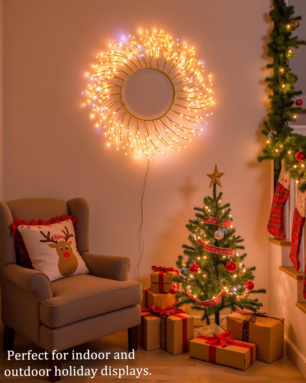 ooLALoo Pre-Lit Christmas Door Wreath Decorations, 22" Christmas Wreath with 260 LEDs Fairy Lights, USB Operated Window Lights Hanging for Front Door Wall Party Xmas Indoor Decor, Gold Twig