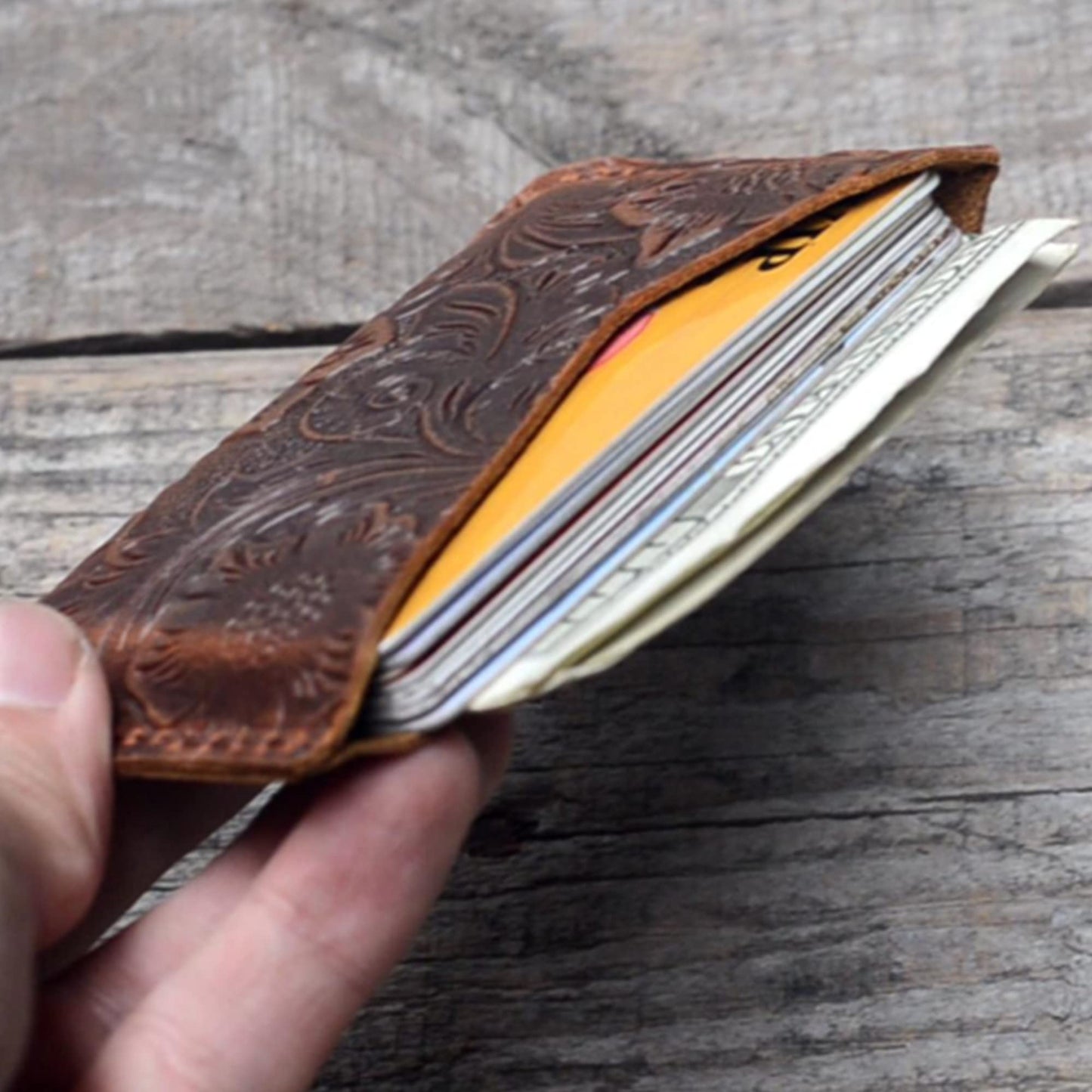 JJNUSA Handmade Leather Business Card Case Holder for Men & Women Minimalist Leather Wallet Card Holder Distressed Gifts Flower brown