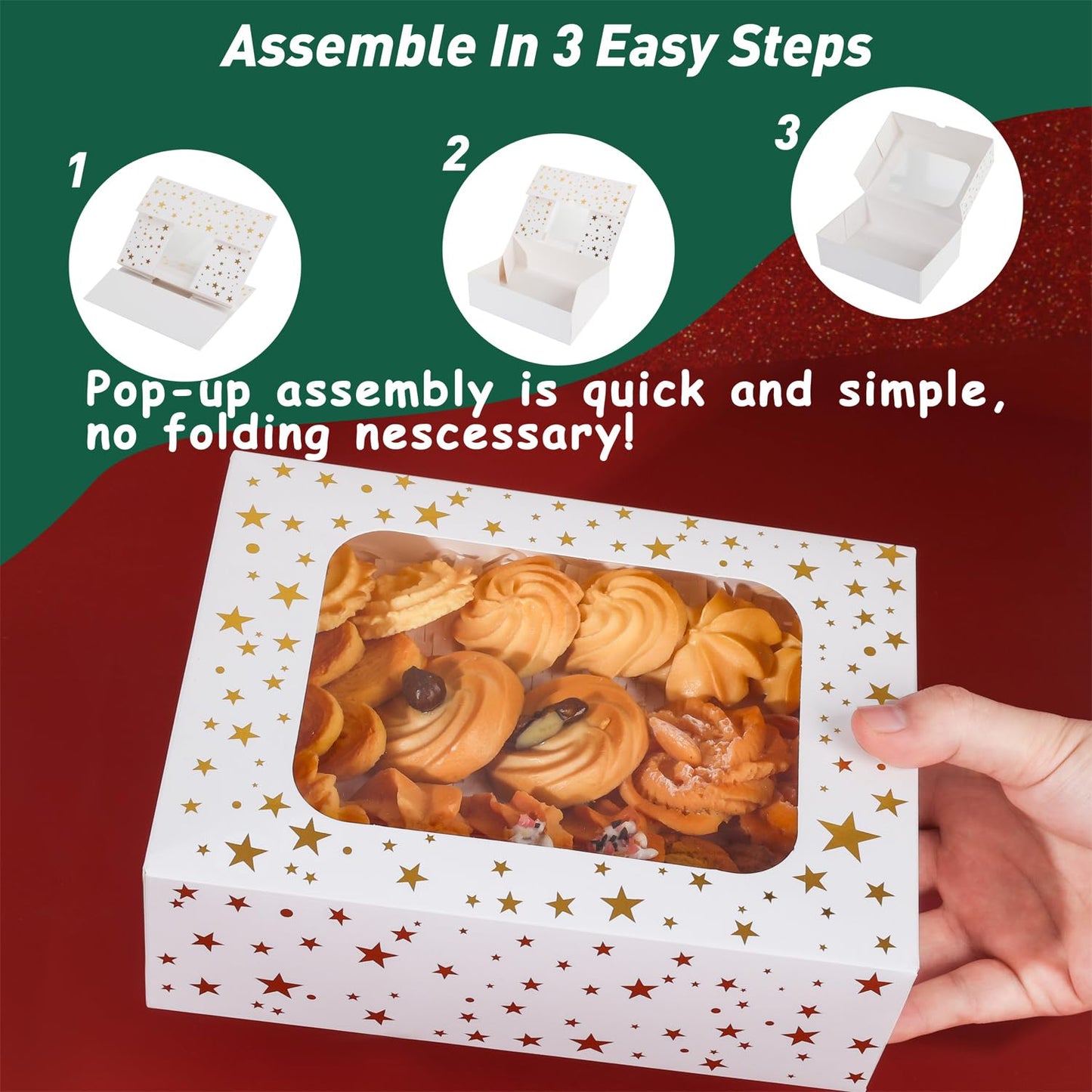 YEKTFS 12pcs Cookie Boxes with Window, 8.25x6x2.75in White Treat Boxes with Window Gold Foil Star Bakery Cake Boxes for Christmas Gift Giving Pastry Dessert Cupcakes Candy Donut Packaging