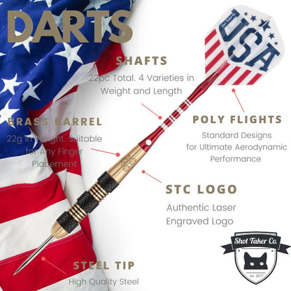 Steel Tip Darts Set - Professional Darts Steel Tip for Dartboard - Includes Brass Barrels + Plastic & Aluminum Shafts + Rubber O'Rings + Flights + Darts Sharpener + Wrench (22g-USA B-STC10450)