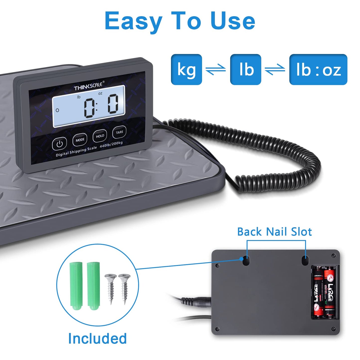 THINKSCALE Shipping Scale, 440 lbs/1 oz Highly Accurate Postal Scale with Hold/Tare/LCD Display, Lightweight Digital Postage Scale for Packages/Luggage/Post Office/Dog, Battery & AC Adapter Included