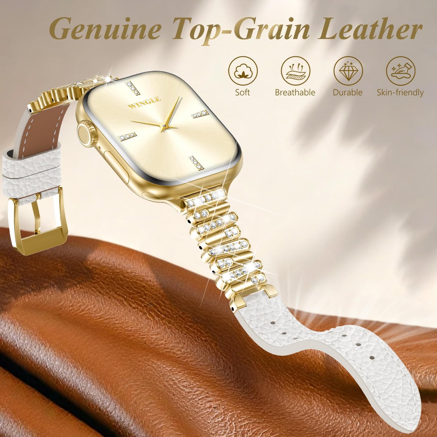 WINGLE Leather Band Compatible for Gold Apple Watch Band Women 46mm 45mm 44mm 42mm Series 11 10 9 8 7 6 5 4 SE 3 2 1 Luxury Dressy Slim Elegant Leather Metal Chain Strap Bling Link Bracelet,Gold/White