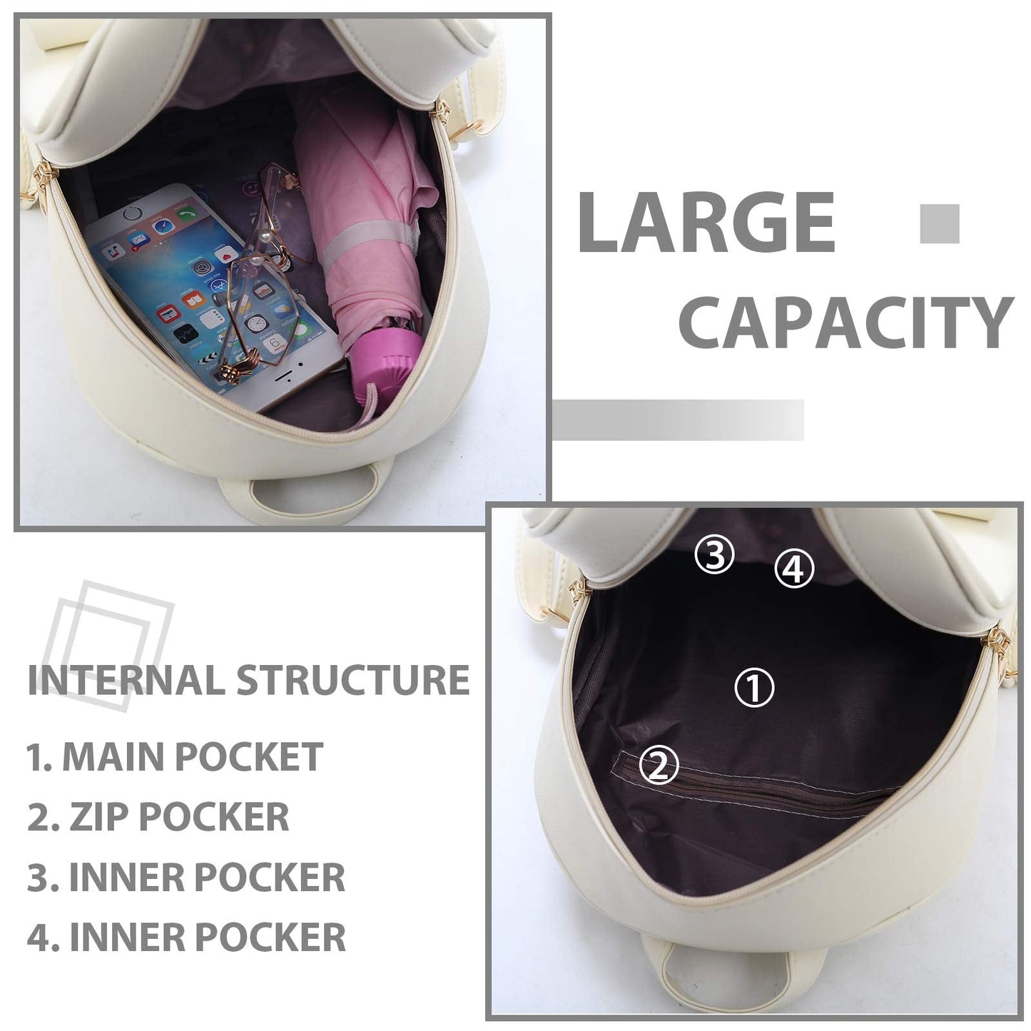 K.E.J. Women Mini Backpack Purse Bowknot Leather Backpack 3-PCS Cute Small Backpack Purse for Women Rucksack for Ladies Shoulder Bag