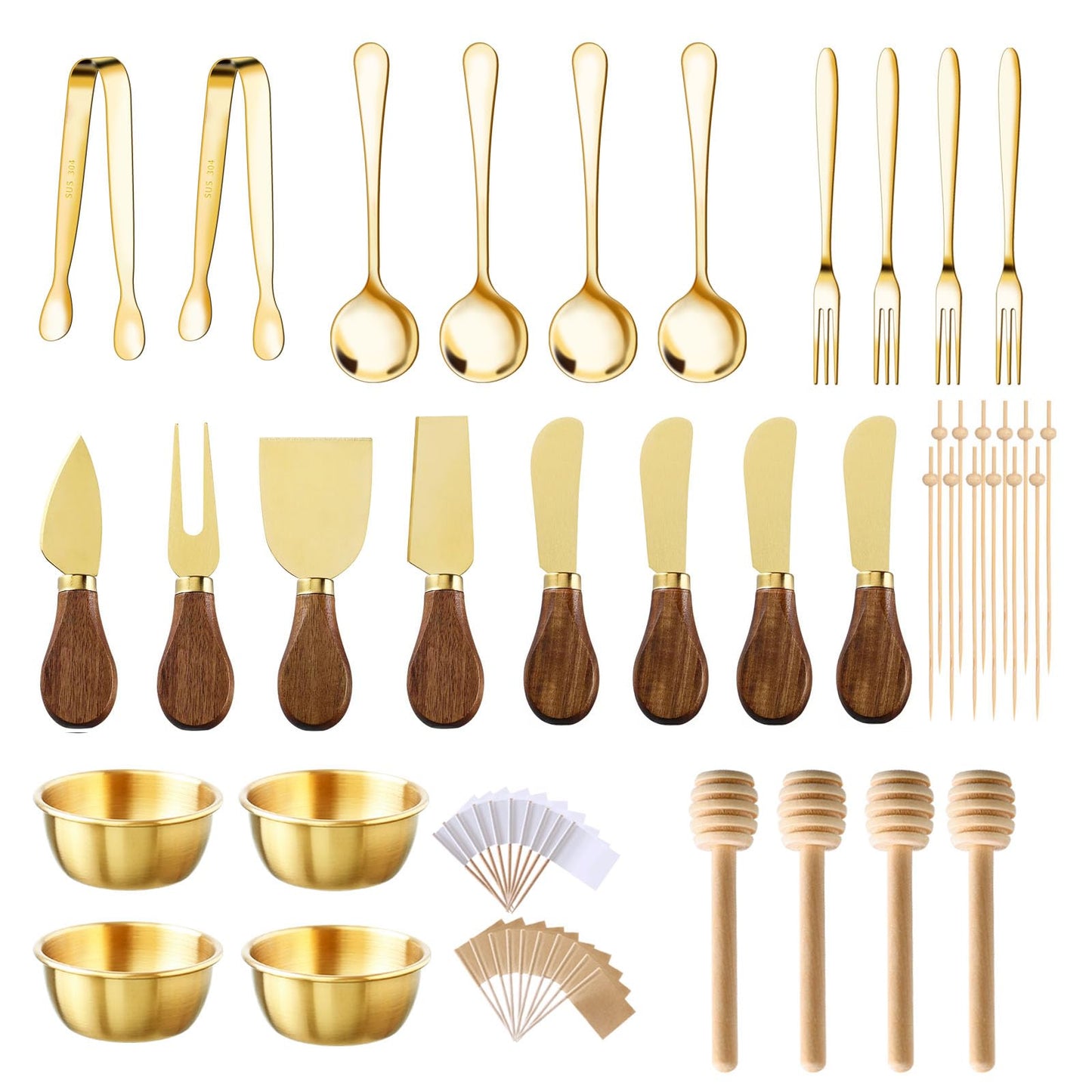 46Pcs Charcuterie Boards Accessories Small Serving Utensil Set Cheese Butter Spreader Knives Mini Stainless Steel Cutlery Tong Spoon Fork Bowl Wooden Toothpick for Kitchen Wedding Christmas Gift(Gold)