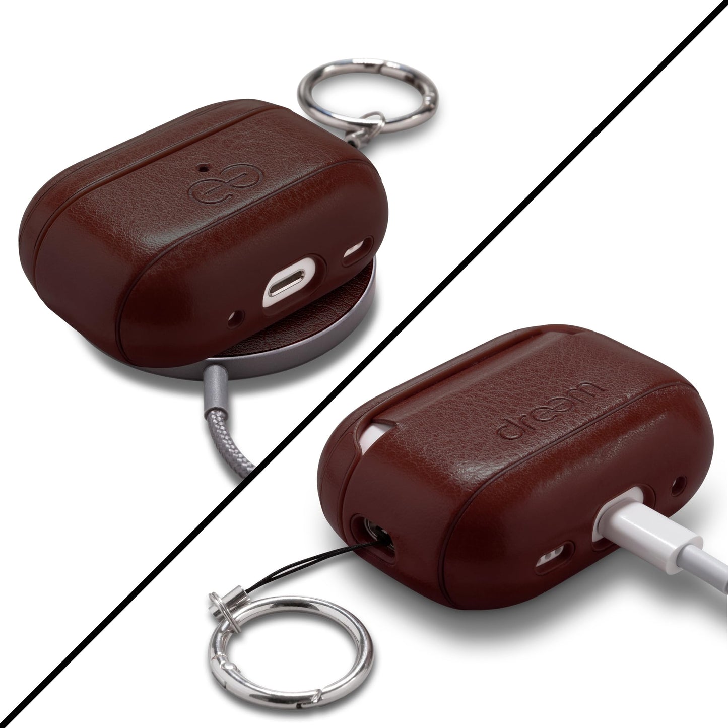 Dreem Om Case Cover with Keychain Clip Compatible with AirPods Pro 2/Pro, Protective One-Piece Hard Shell, Luxury Vegan Leather AirPod Pro Case 2nd/1st Generation with Separate Clip [Coffee]