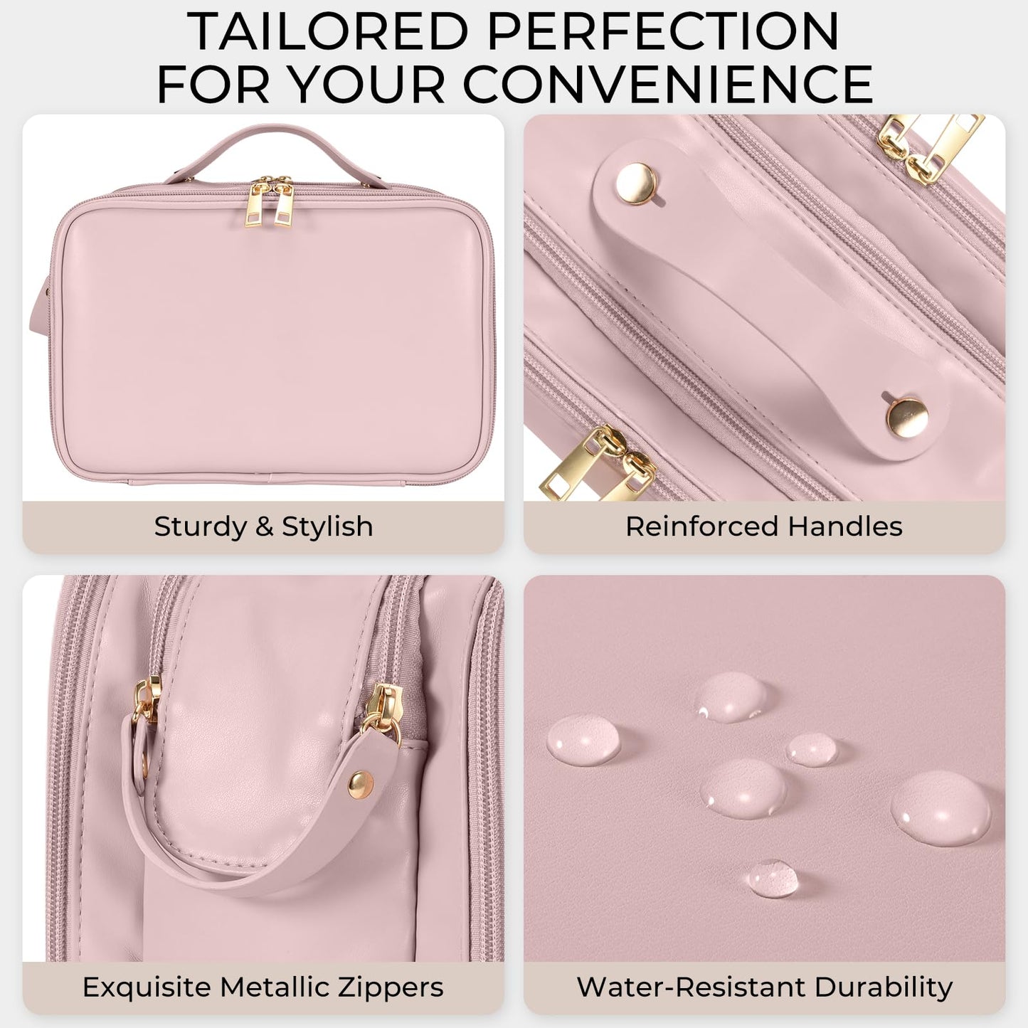 Travel Makeup Bag Women's Large Capacity Cosmetic Portable Organizer Large Opening Waterproof Storage Toiletry Bags Vertical Free-Standing Brush Holder for Easy Access Pink