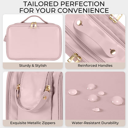 Travel Makeup Bag Women's Large Capacity Cosmetic Portable Organizer Large Opening Waterproof Storage Toiletry Bags Vertical Free-Standing Brush Holder for Easy Access Pink