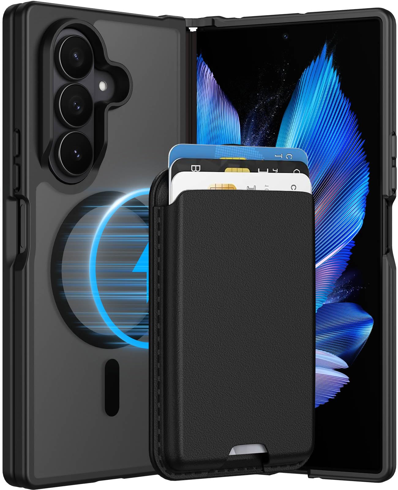 Ntwinro Magnetic for Samsung Galaxy Z Fold 7 Case, Detachable Magnetic Wallet with Card Holder, [Fit for MagSafe] Military-Grade Shockproof Translucent Matte Anti-Scratch Phone Case, Black