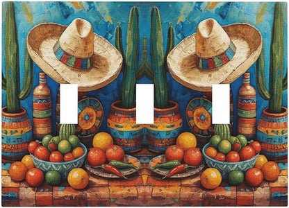 Decorative Art Light Switch Covers Mexican Sombrero & Serape Vibes 3 Gang Triple Toggle Wall Plate Decorative Switch plate Electrical Faceplate for Home Decor