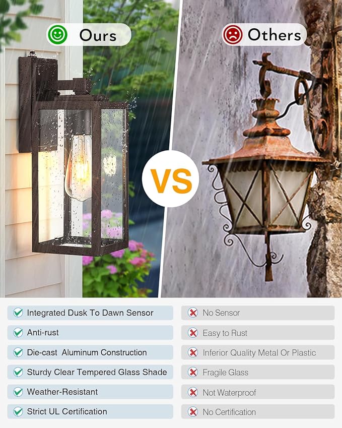 VIANIS 2 Pack Large Dusk to Dawn Exterior Garage Lighting Fixtures, Oil Rubbed Bronze Porch Lights Outdoor Wall Sconce Lantern, Modern Outside House Lights Wall Mount for Front Door, Coach