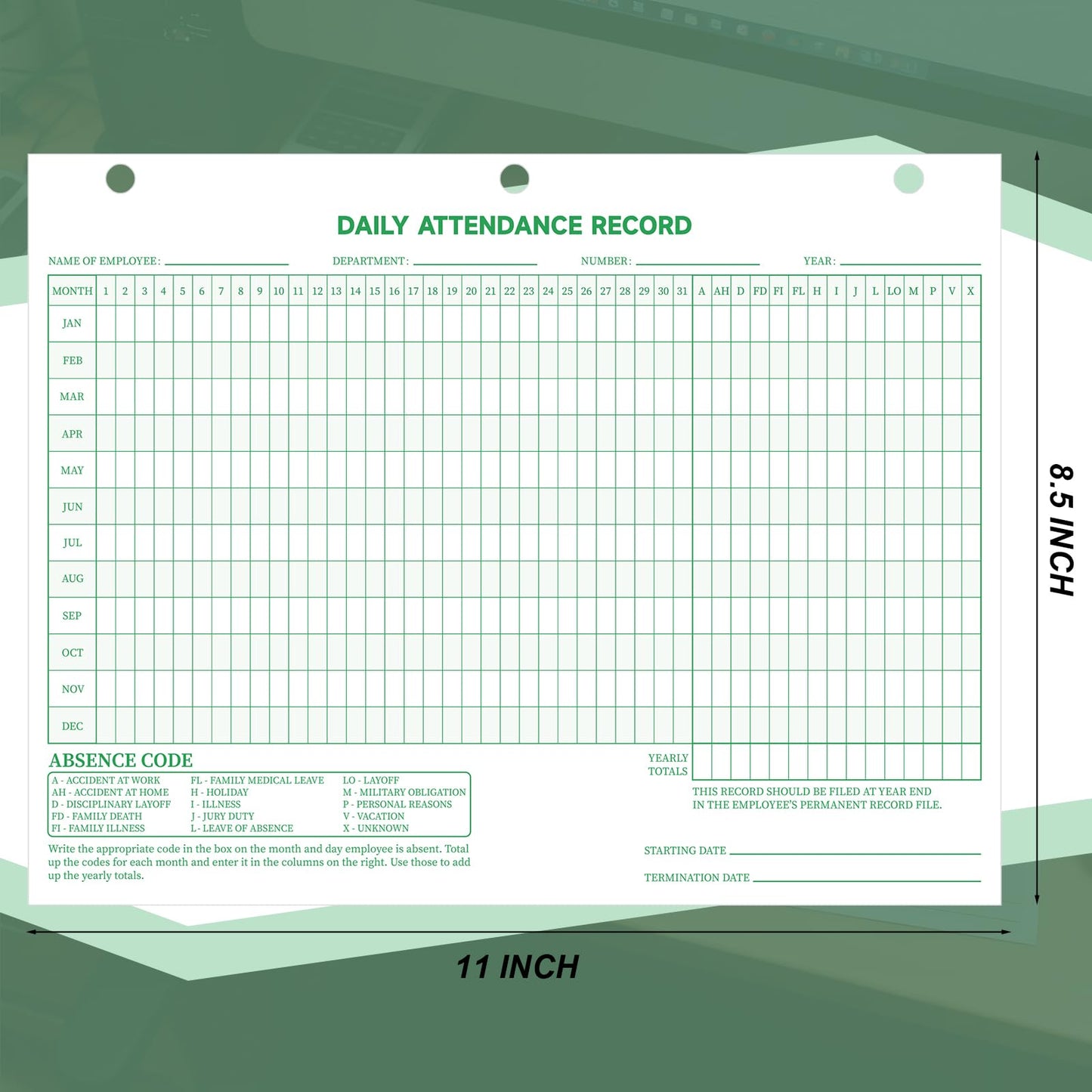 LemonSecret 100 Pcs Daily Attendance Card, Attendance Record Book Tracker 8.5 x 11 Inch, 2026 Daily Calendar Cards 3 Hole Employee Work Books Employee History Record Green Letter Size
