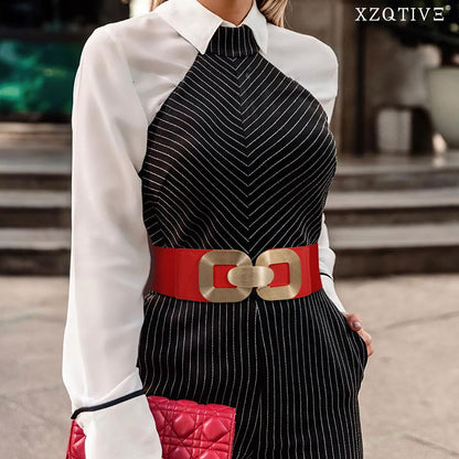 XZQTIVE Women Wide Elastic Belts for Dress Fashion Stretchy Waist Belts for Ladies with Gold Buckle