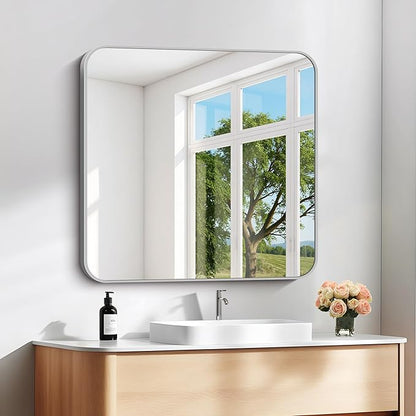 30" x 30"Bathroom Mirror, Silver Wall Mirror with Metal Frame, Decorative Rectangular Vanity Mirror for Bedroom Bathroom Living Room Entryway (Horizontal/Vertical)
