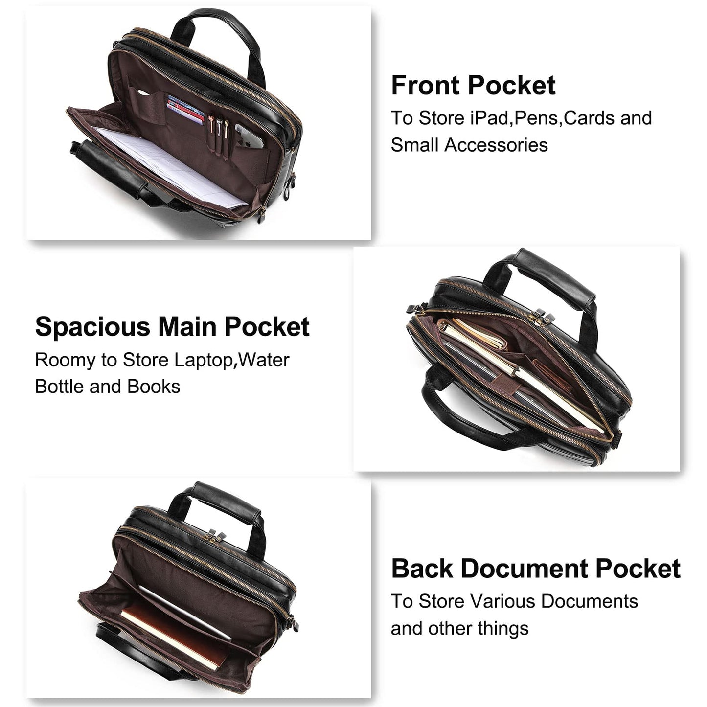 Bosidu Leather Briefcases for Men 15.6 Inch Laptop Messenger Bag with Triple Compartments Water-Resistant Computer Shoulder Bag for Business, Travel, Work, Office, Black
