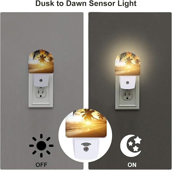 Tropical Ocean Beach Night Light, Palm Trees at Sunset Dusk to Dawn Night Light Plug in,0.5w Energy Saving Sleep Friendly NightLight for Kids Boys Girls Home Decor