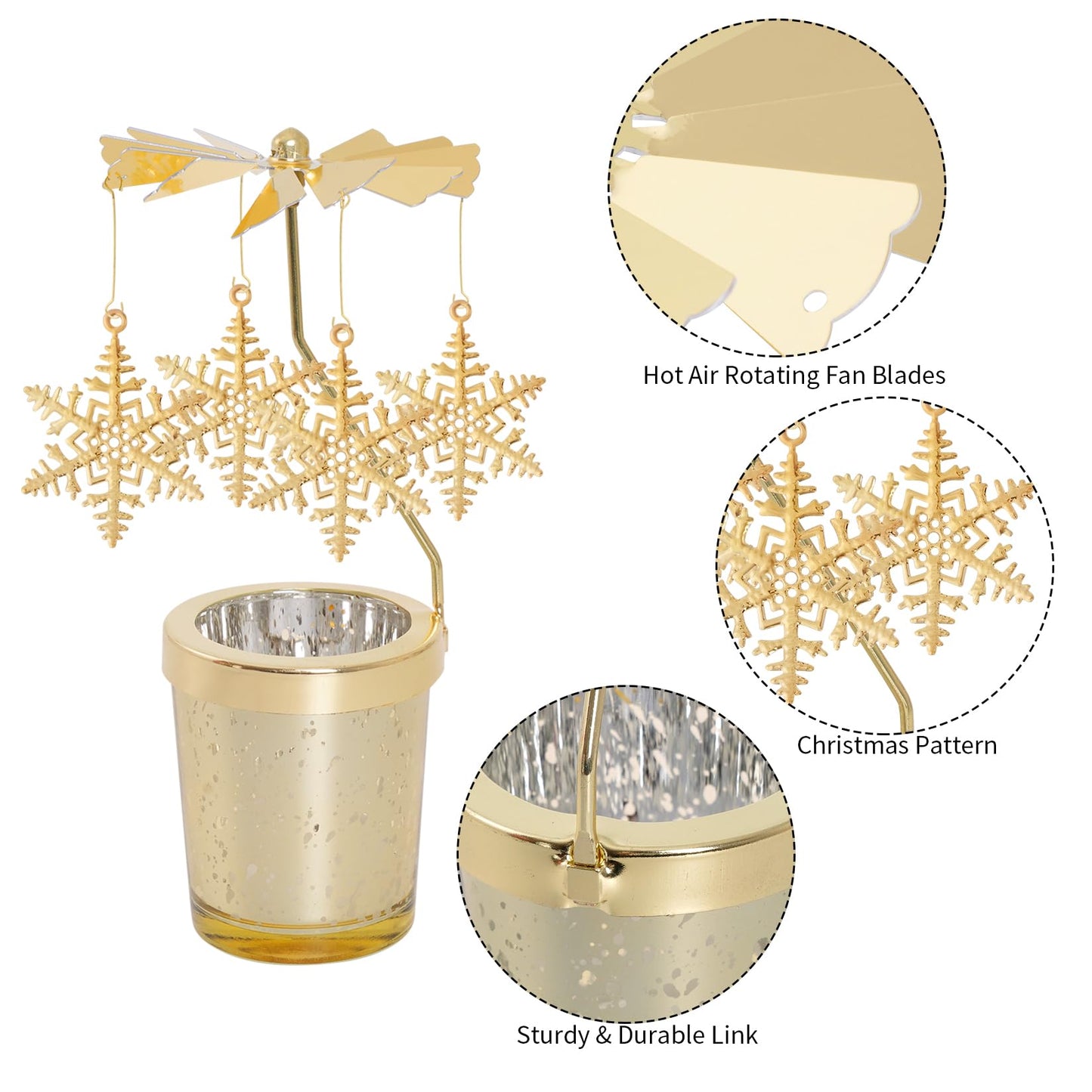 Rotating Candlestick Spinning Tea Light Candle Holder Gold Glasses Rotary Tealight Holders Christmas Anniversary Birthday Party Table Centerpieces Revolving Decoration (Snowflake)