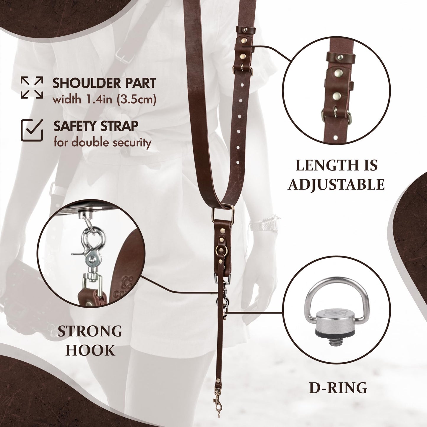 C Coiro Leather Camera Strap for One Camera - Professional Single Leather Harness Shoulder Strap Quick Release Gear DSLR/SLR, Camera Accessories for Photography, Brown