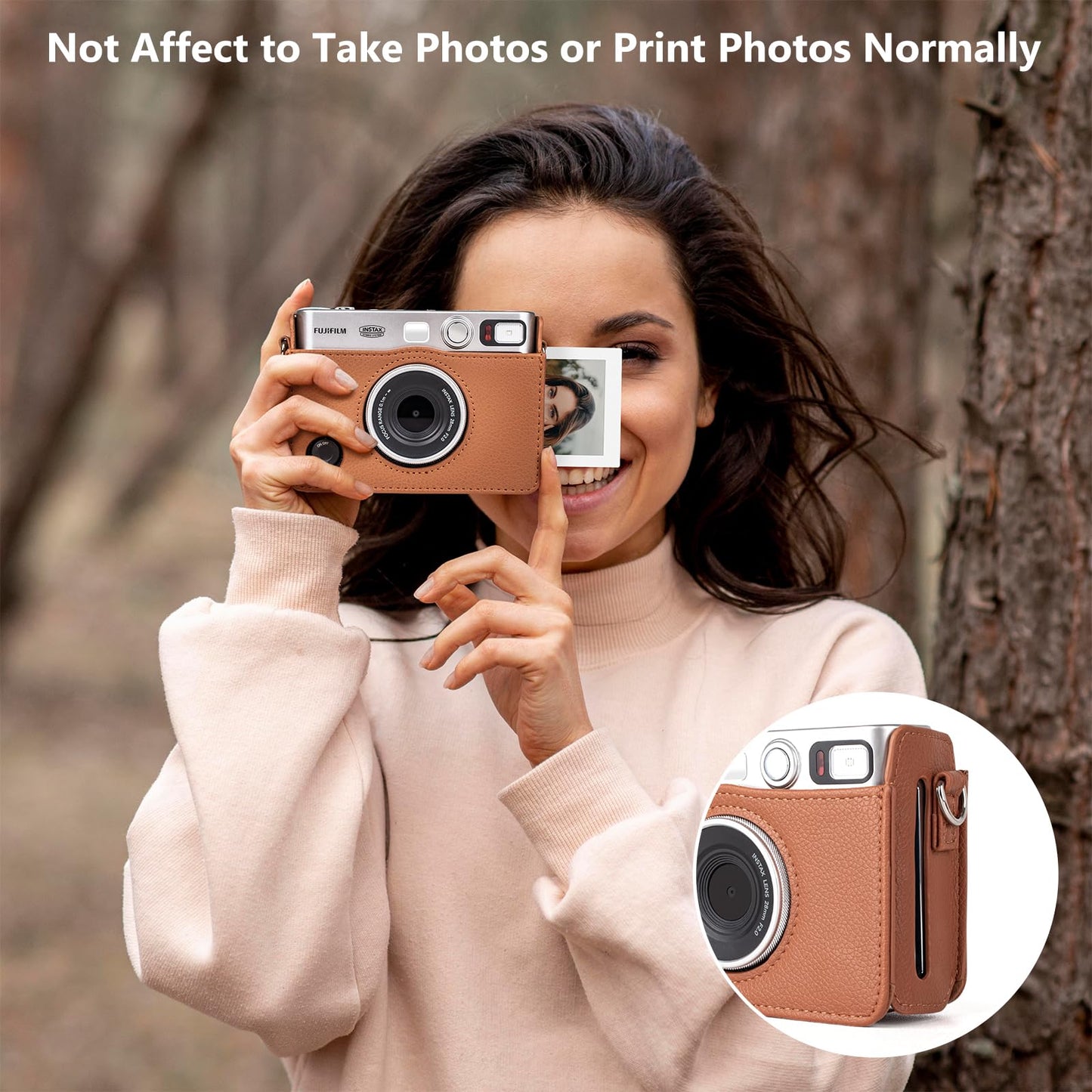 MUZIRI KINOKOO Instax Mini EVO Case with Photo Print Slot Lychee-Grain PU Leather Fuji Mini EVO Camera bag with Adjustable Shoulder Strap&Precise Charging Port&Detachable Protective Cover-Brown