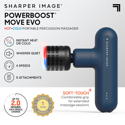 Sharper Image Deep Tissue Percussion Massage Gun, Powerboost Move Evo Hot & Cold Rechargeable Handheld Massager, 4 Adjustable Speeds, 5 Attachment Heads & Carrying Case, for Muscle Pain Relief, Blue