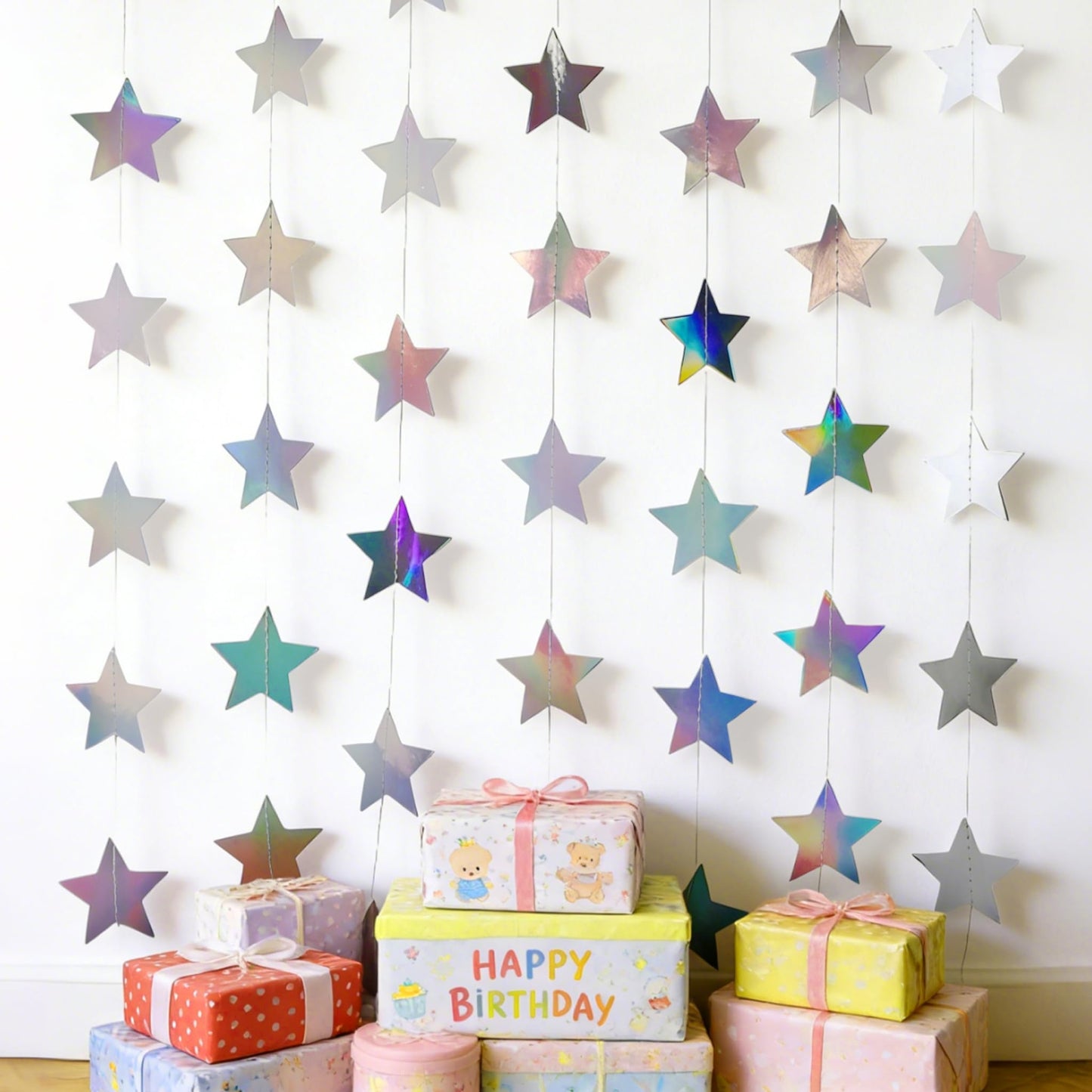 Iridescent-Star-Garland 90FT – 240 Pcs Sparkling Star Streamers-Hanging Glitter Star Banner Backdrop for Birthday, Baby Shower, Wedding, Christmas Party Decorations (6 Packs)
