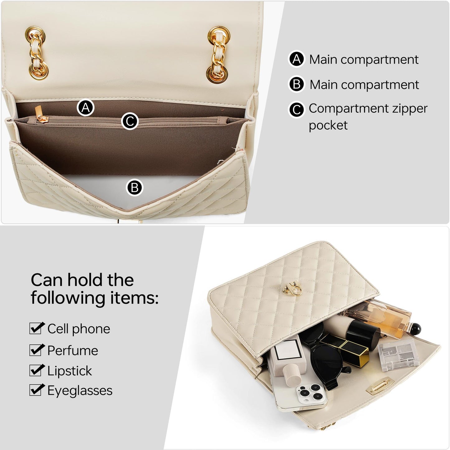 GEMIU Quilted Small Purses for Women Crossbody Women's Shoulder Handbags Womens Clutch Purses with Gold Chain Dressy Beige