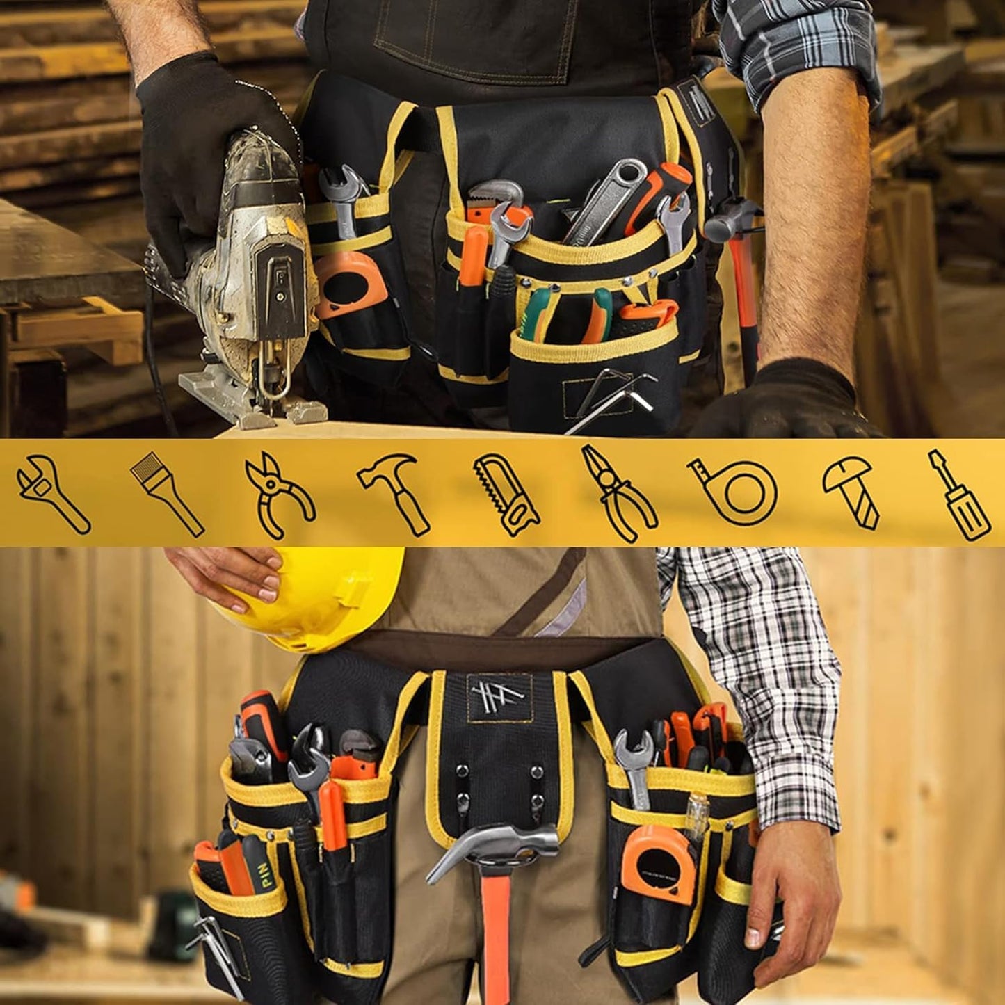 Tool Belt with 27 Pockets and 3 Magnetic Zones, Freely-Combinable, Heavy-Duty yet Lightweight Tool Pouch & Tool Belts for Men: Electricians, Carpenters,DIYers–A Great Gift Fathers and Husbands(Yellow)