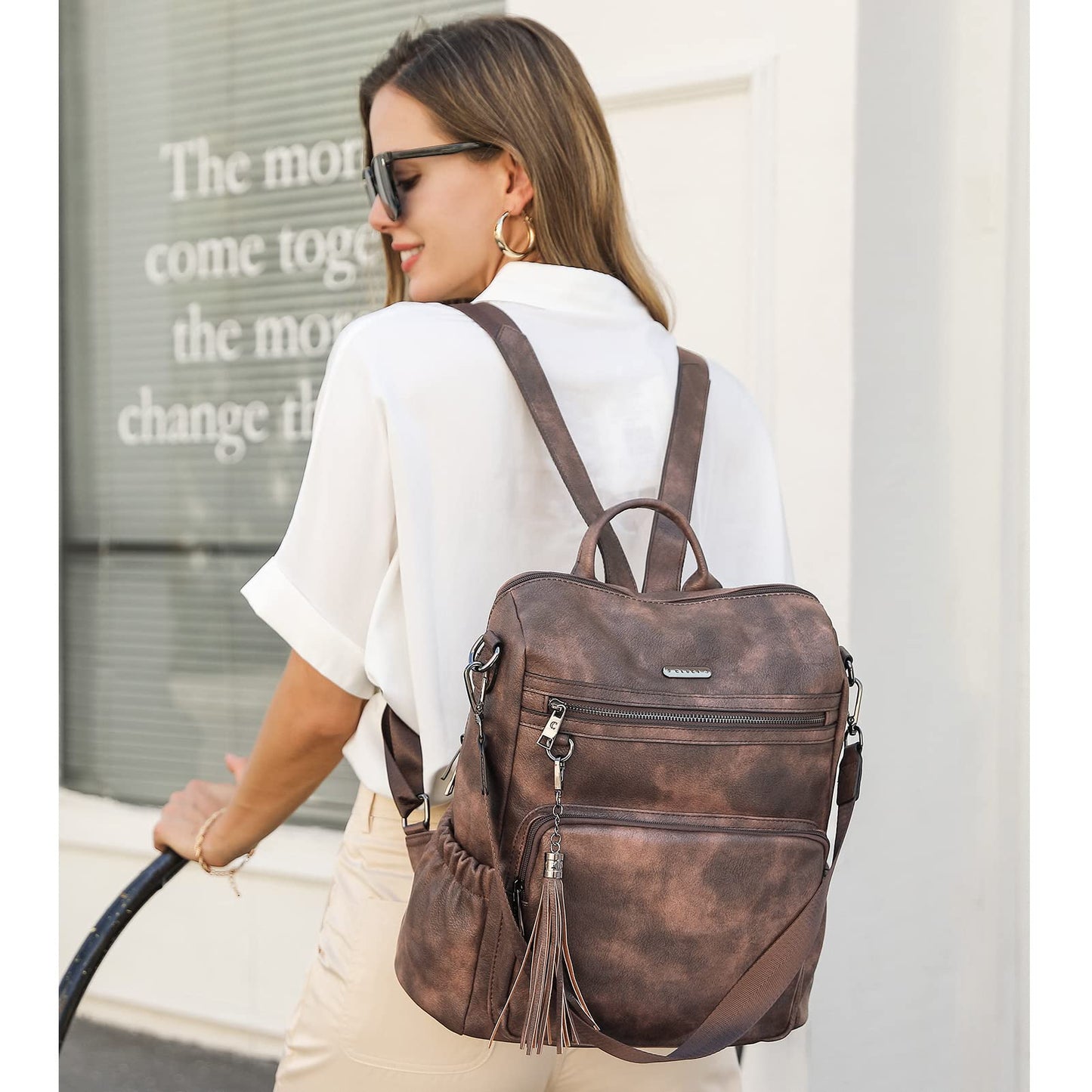 CLUCI Backpack Purse for Women Large Leather Travel Backpack Work Fashion Ladies Casual Daypack with Tassel Two-Tone Coffee