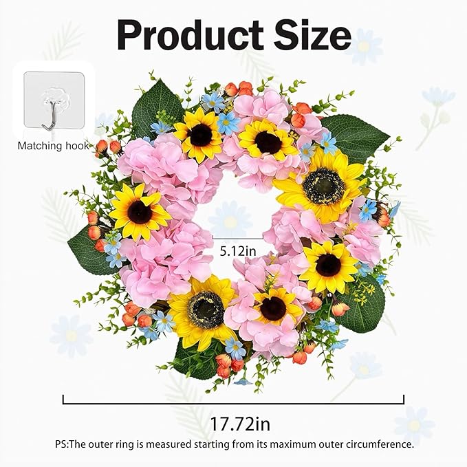 pring Wreath for Front Door, Bright Sunflowers & Mixed Flowers, Artificial Floral Wreath for Indoor & Outdoor Wall Decor, Lifelike Decoration for Home and Garden (18 inches)