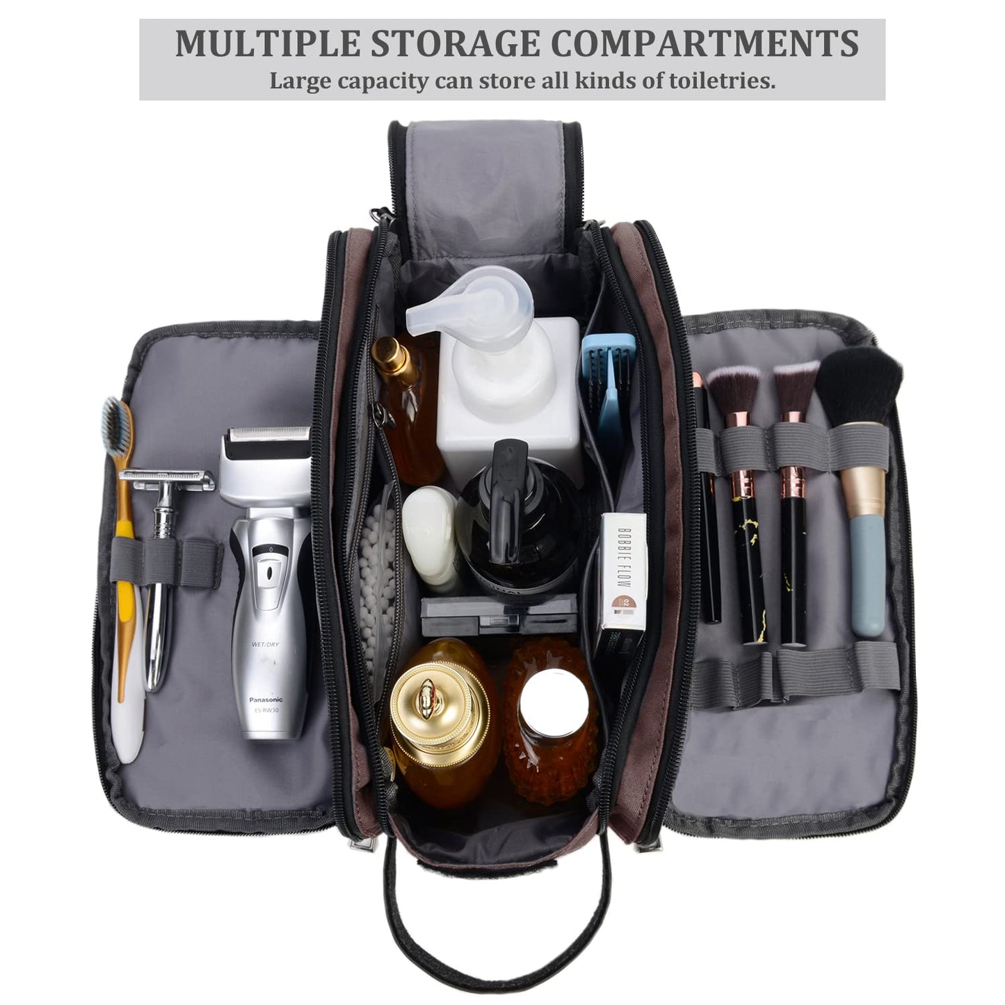 CROCOD Toiletry Bag for Men - Water-Resistant Oxford Travel Organizer Dopp Kit with Double Zippers, Padded Shaving Bag for Bathroom, Gym, Dorm - Multi-Function Cosmetic Storage Bag (Brown)