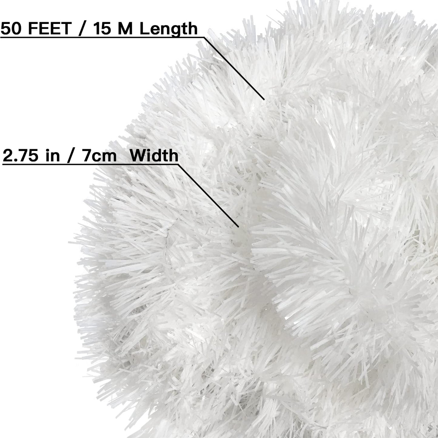 Jishi 50 FT Christmas Garland White Tinsel Garland Christmas Tree Decorations - Non-Lit Xmas Holiday Decor Outdoor Indoor Home Garden Outside Wedding Party Artificial Thick White Decorative Garland
