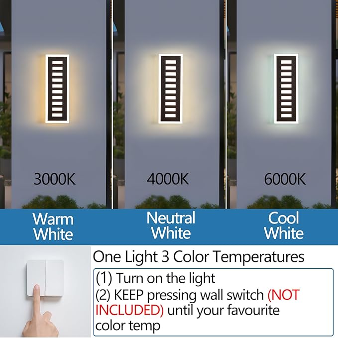 Outdoor Wall Light LED 18W Long 11.8in - Black Metal Waterproof Modern Exterior Lighting Fixture,3-Color Changeable,Frosted Acrylic Porch Sconce,for Patio,Garage,Courtyard