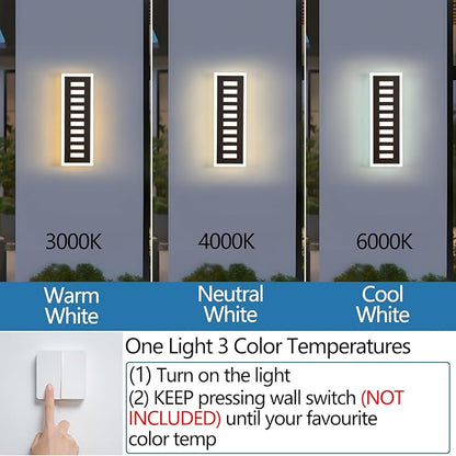 Outdoor Wall Light LED 18W Long 11.8in - Black Metal Waterproof Modern Exterior Lighting Fixture,3-Color Changeable,Frosted Acrylic Porch Sconce,for Patio,Garage,Courtyard