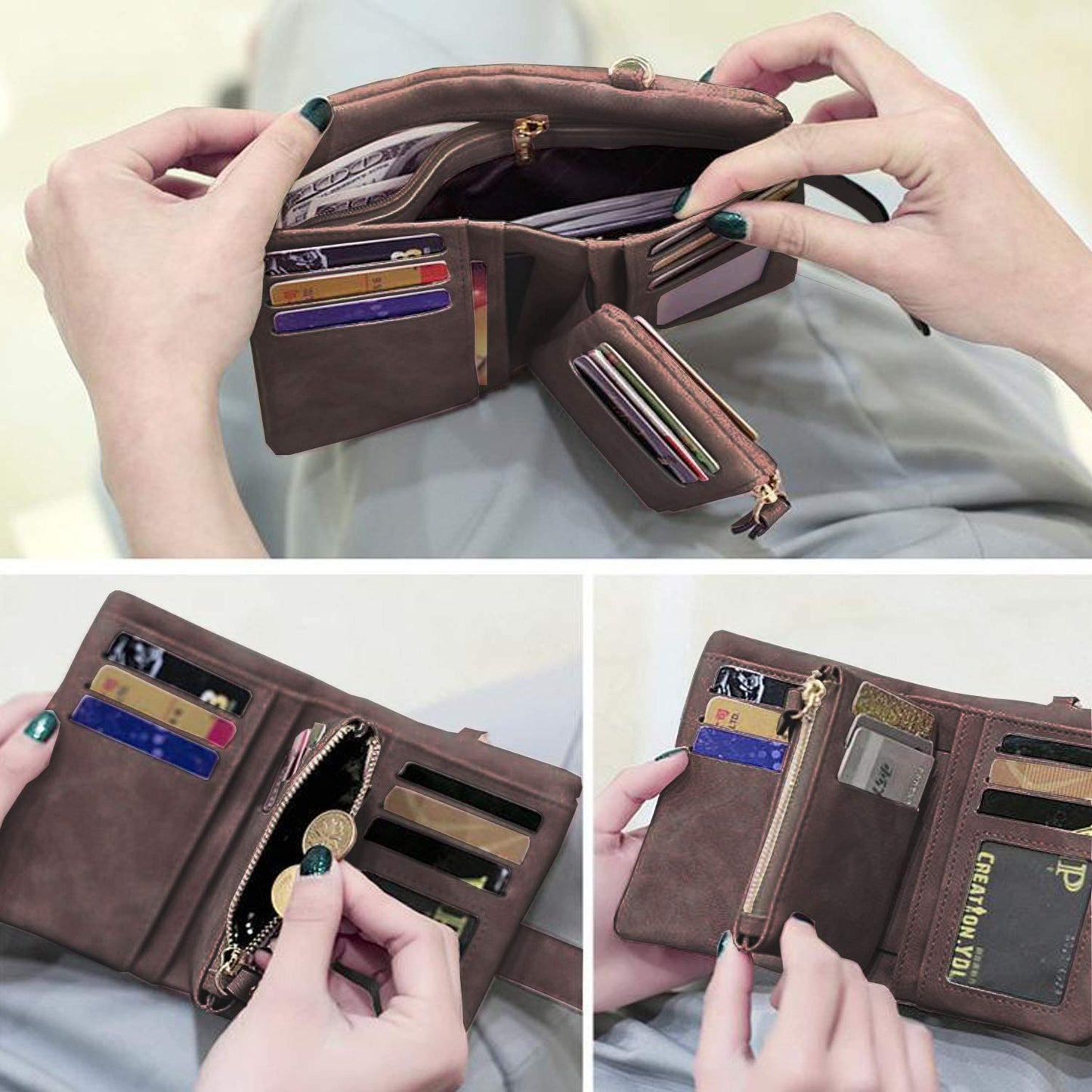 PofeeXIO Womens Small Bifold Leather Wallets Rfid Ladies Wristlet with Card slots id window Zipper Coin Purse (Brown)