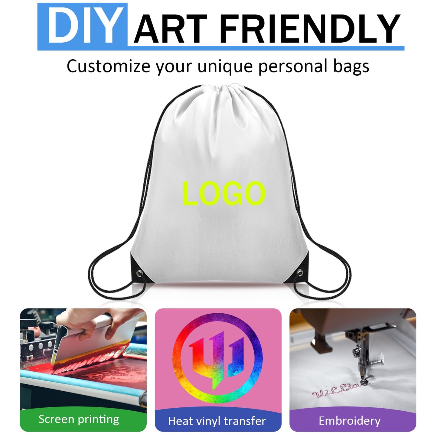 Grneric 48Pcs Drawstring Backpack Bulk Cinch Bag, Polyester Drawstring Bags for Gym Yoga Beach Camping Party(White)