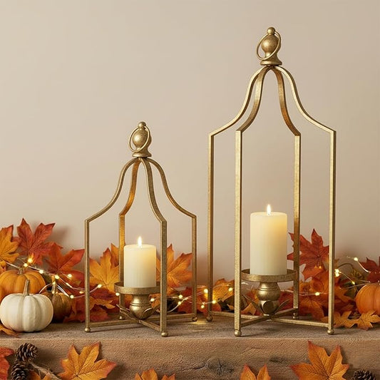 12.5" & 16.5" Timeless Cozy Decorative Lanterns Set of 2, Handcrafted Metal Iron Candle Holders, Farmhouse Elegance Fireplace Mantel Table Festive Gatherings Decor (Antique Gold)
