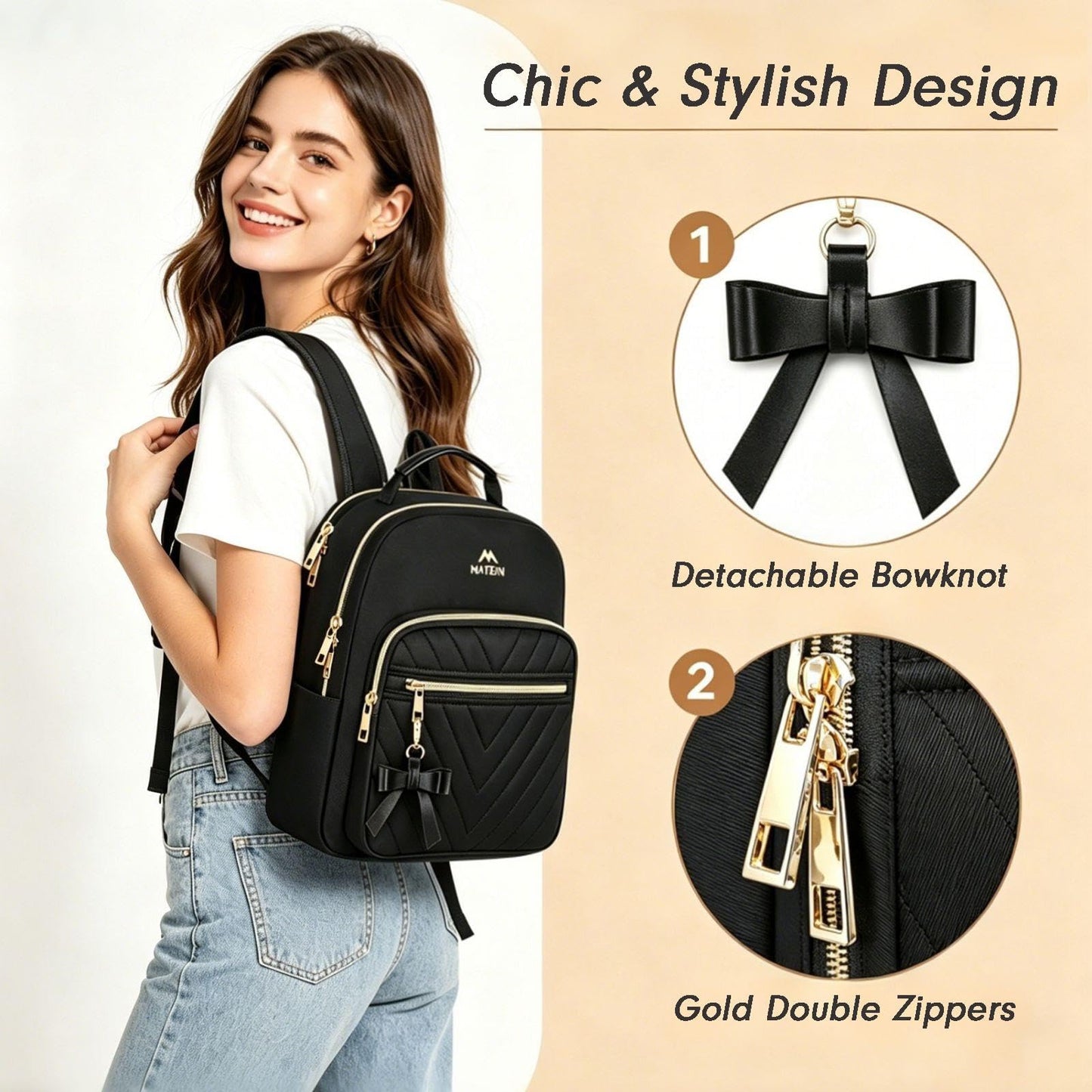 MATEIN Mini Backpack for Women, Waterproof Stylish Daypack Purse Shoulder Bag, Lightweight Small Casual Daily Travel Backpack Mochilas Para Mujer, Lady Girls Gifts for Work School, 2pcs Sets, Black