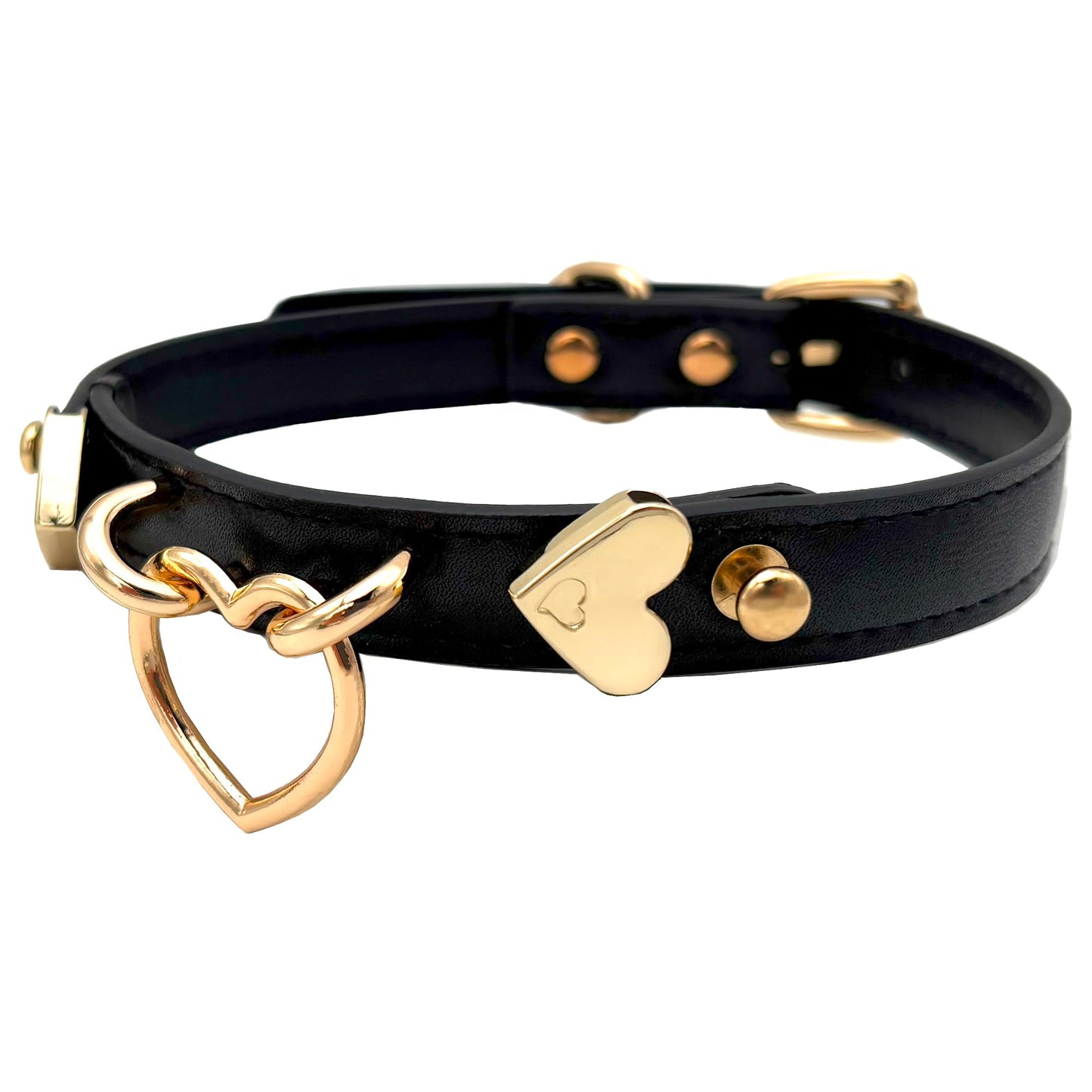 EverGlimp Handmade Leather O-Ring Choker Necklace for Women - Adjustable Punk Gothic Collar with Gold-Tone Accents (Black-Heart)