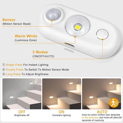 LED Motion Sensor Puck Lights, Magnetic Rechargeable Under Cabinet Lighting, Wireless Battery Operated Closet Light, Dimmable Under Counter Lights for Kitchen Stairs Hallway, Warm White, 4Pack, White
